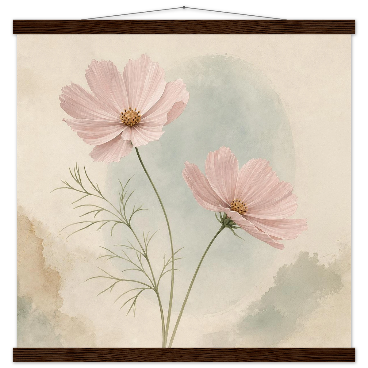 Cosmos Unison: flowers, blush and celadon. Fine art poster with wooden hanger by The Light Stays.