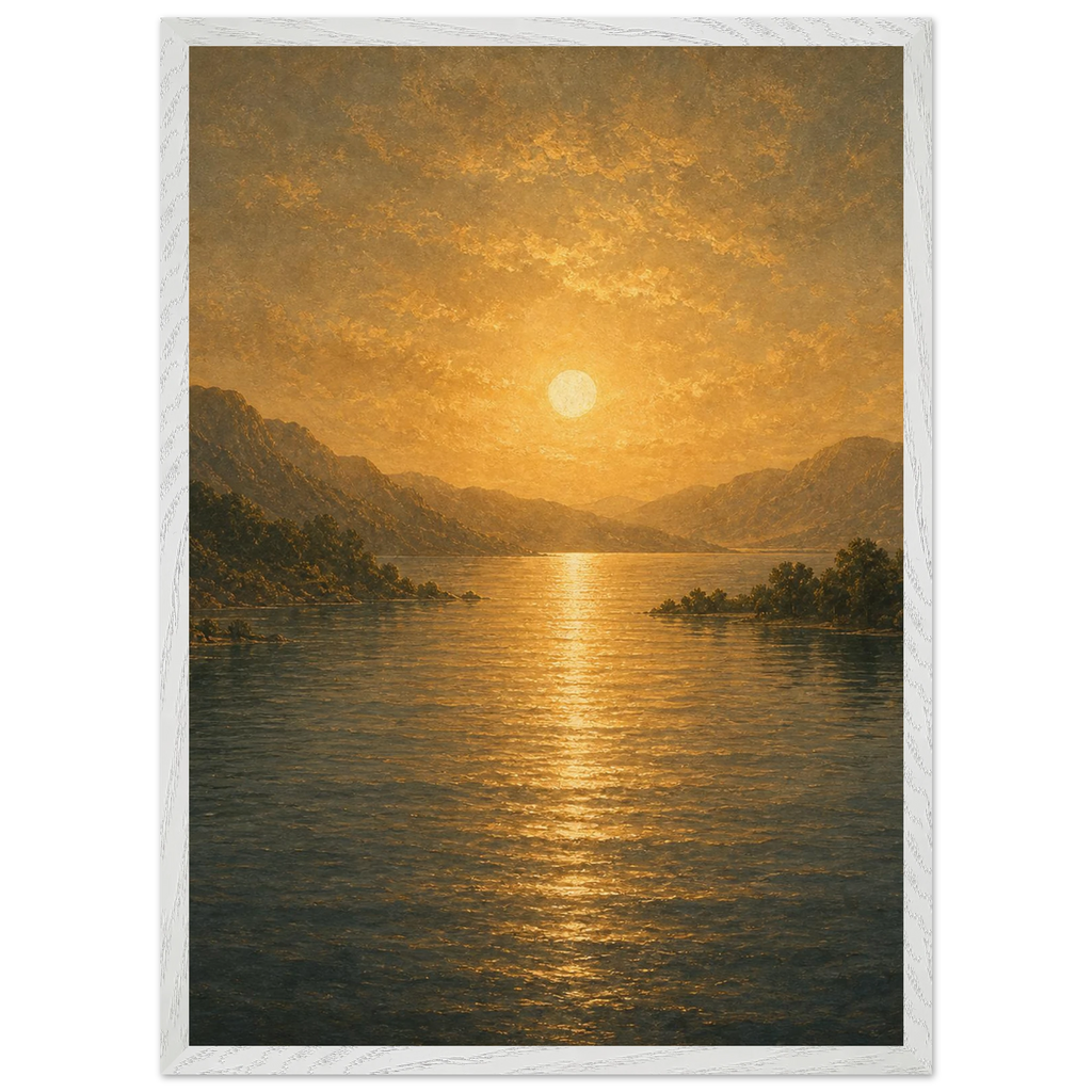 Quadro emoldurado Reflexo Dourado, lago e montanhas sob luz dourada