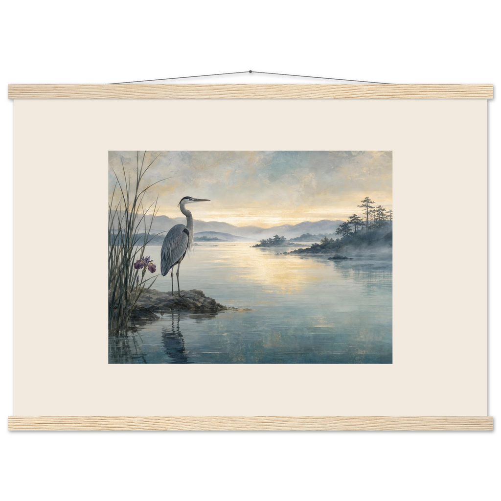 Heron at Dawn: japanese art and japandi. Fine art poster, alternate frame and size.