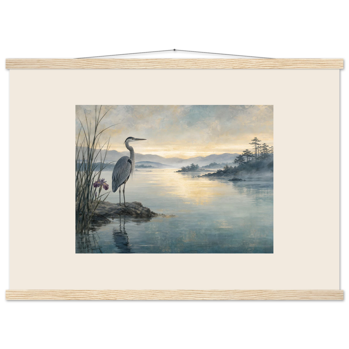 Heron at Dawn: japanese art and japandi. Fine art poster, alternate frame and size.