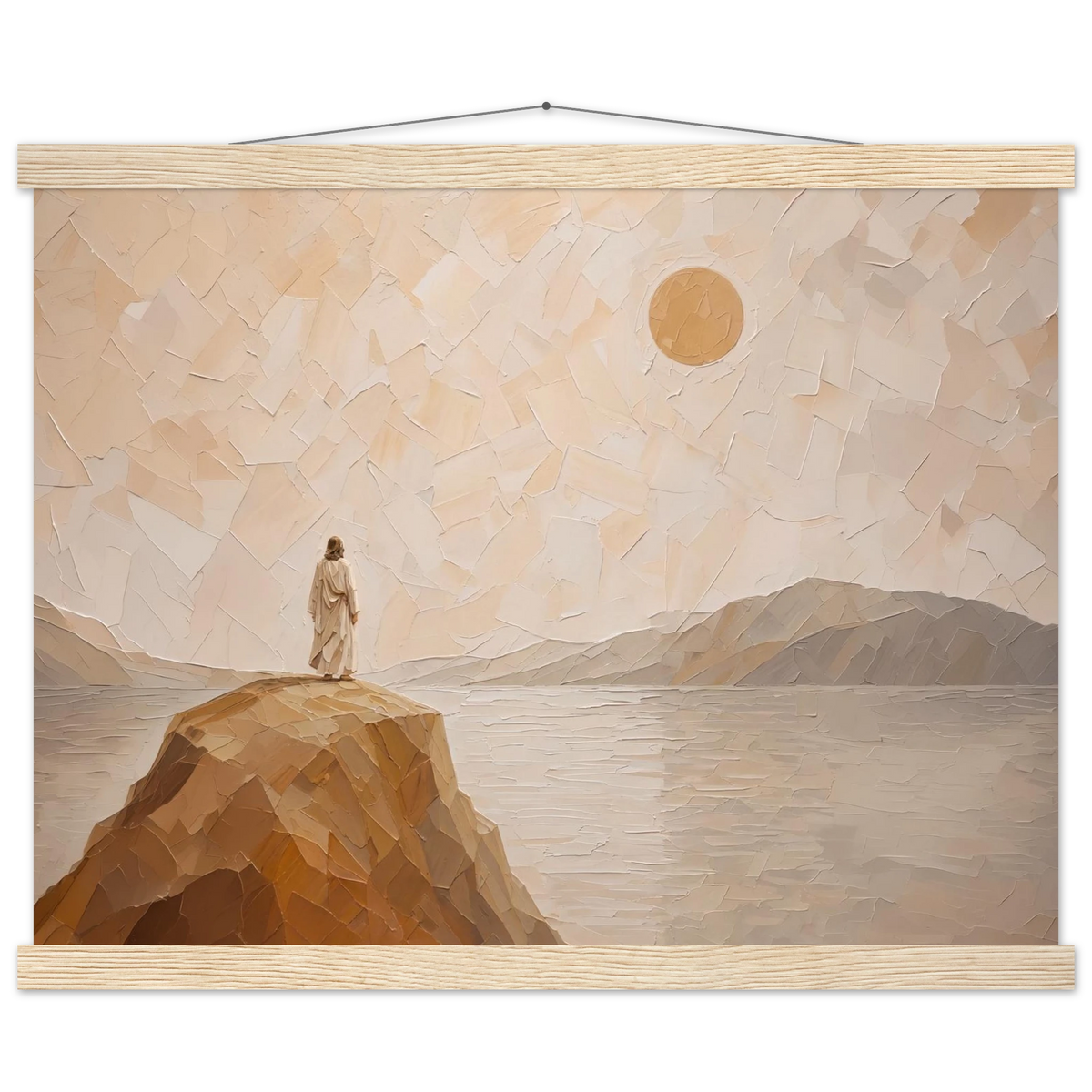Salt Shore: jesus, cliff and sea. Fine art poster with wooden hanger by The Light Stays.