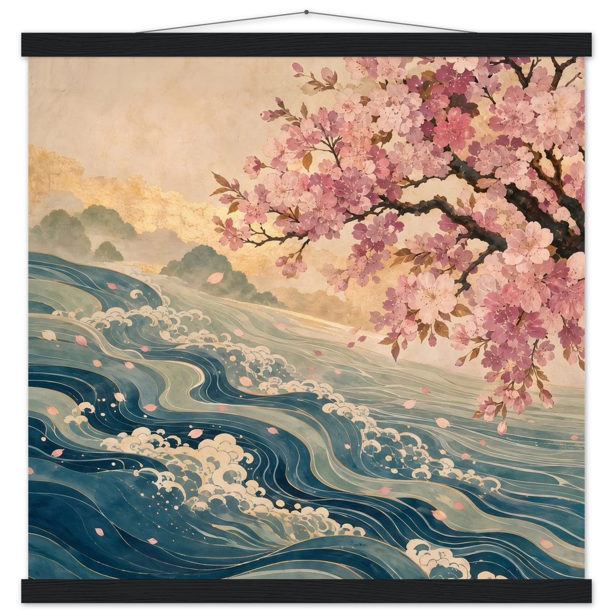 Blossom Tide: japanese art, cherry blossom and wave. Fine art poster with wooden hanger by The Light Stays.