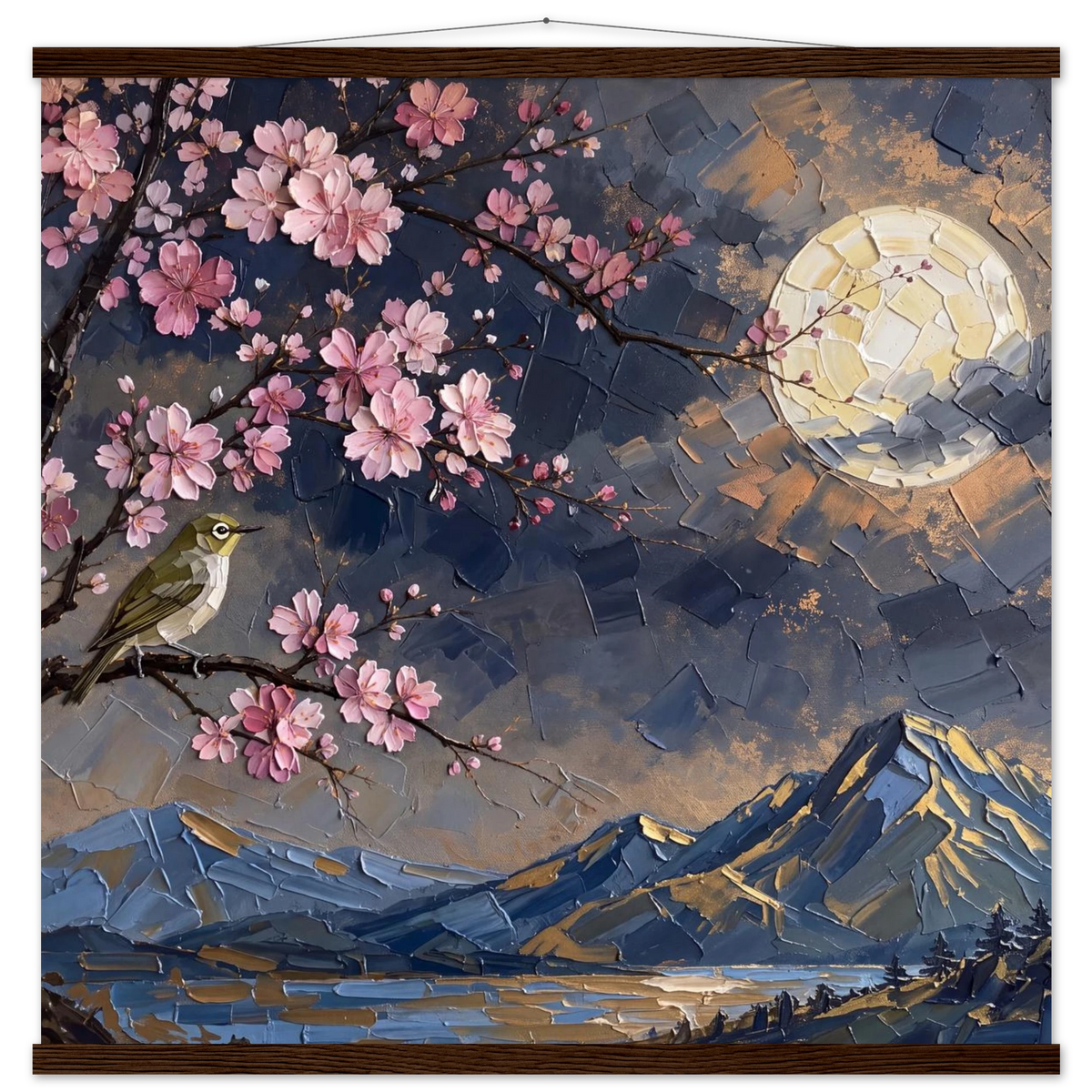 Blossom Moon: cherry blossom, japanese landscape and night. Fine art poster with wooden hanger by The Light Stays.