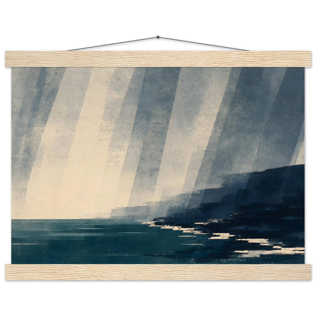 Rain Coast: japandi, teal blue and atmosphere. Fine art poster with wooden hanger by The Light Stays.