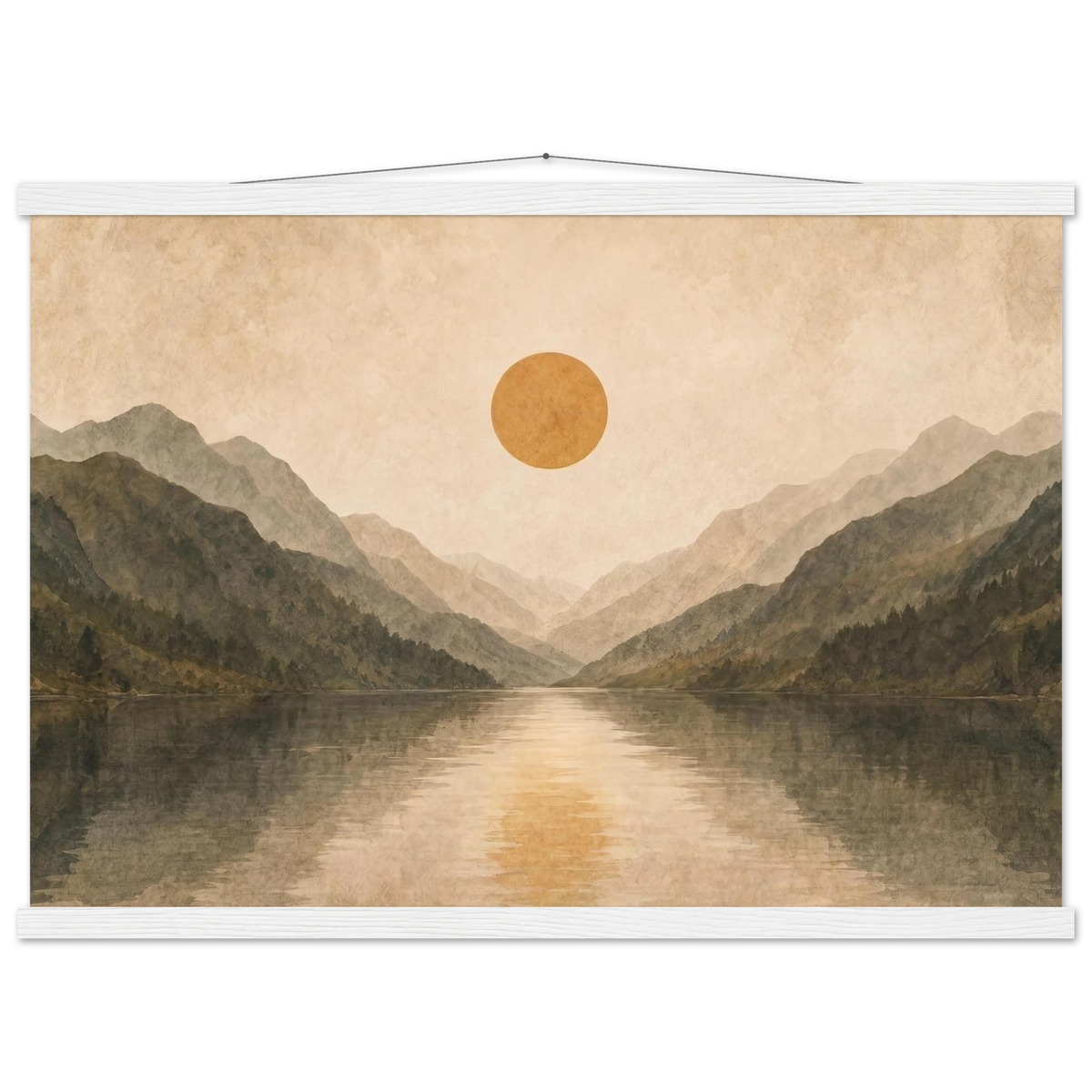 Lake Mirror: mountains, sunset and sun reflection. Fine art poster with wooden hanger by The Light Stays.