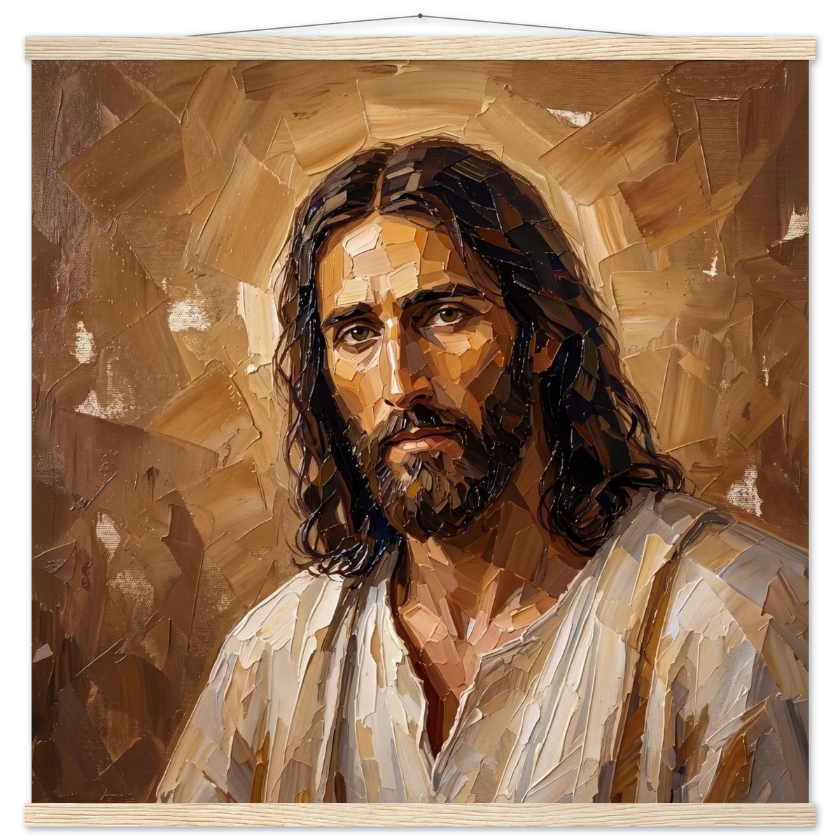 Kind Eyes: jesus, faith and serene gaze. Fine art poster with wooden hanger by The Light Stays.