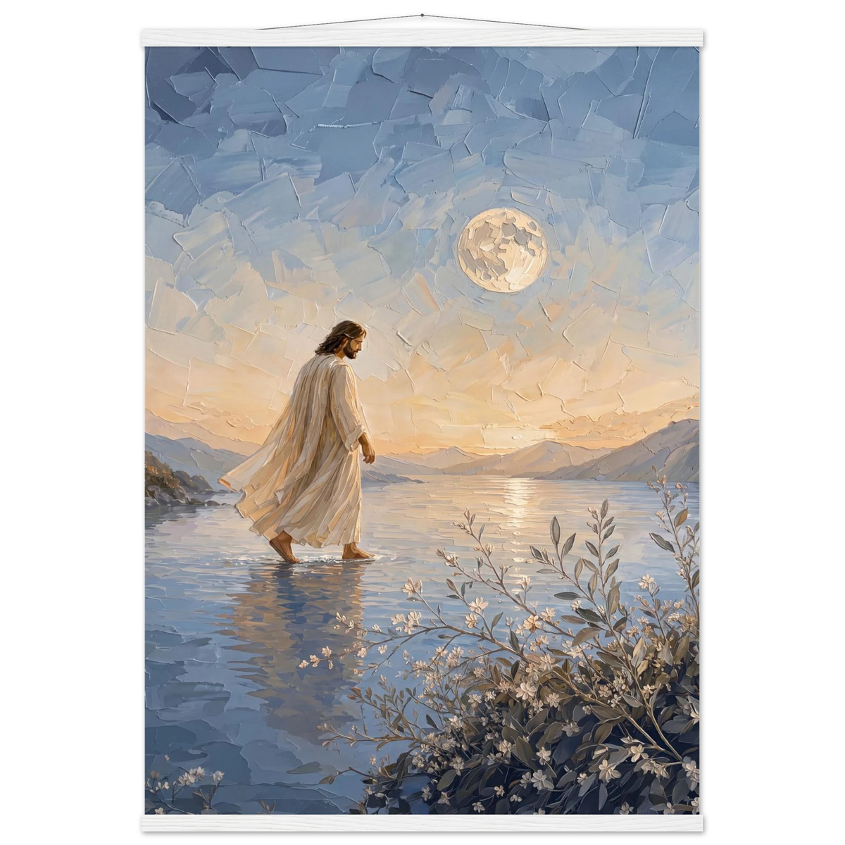 Upon the Waters: jesus, moon and night. Fine art poster with wooden hanger by The Light Stays.