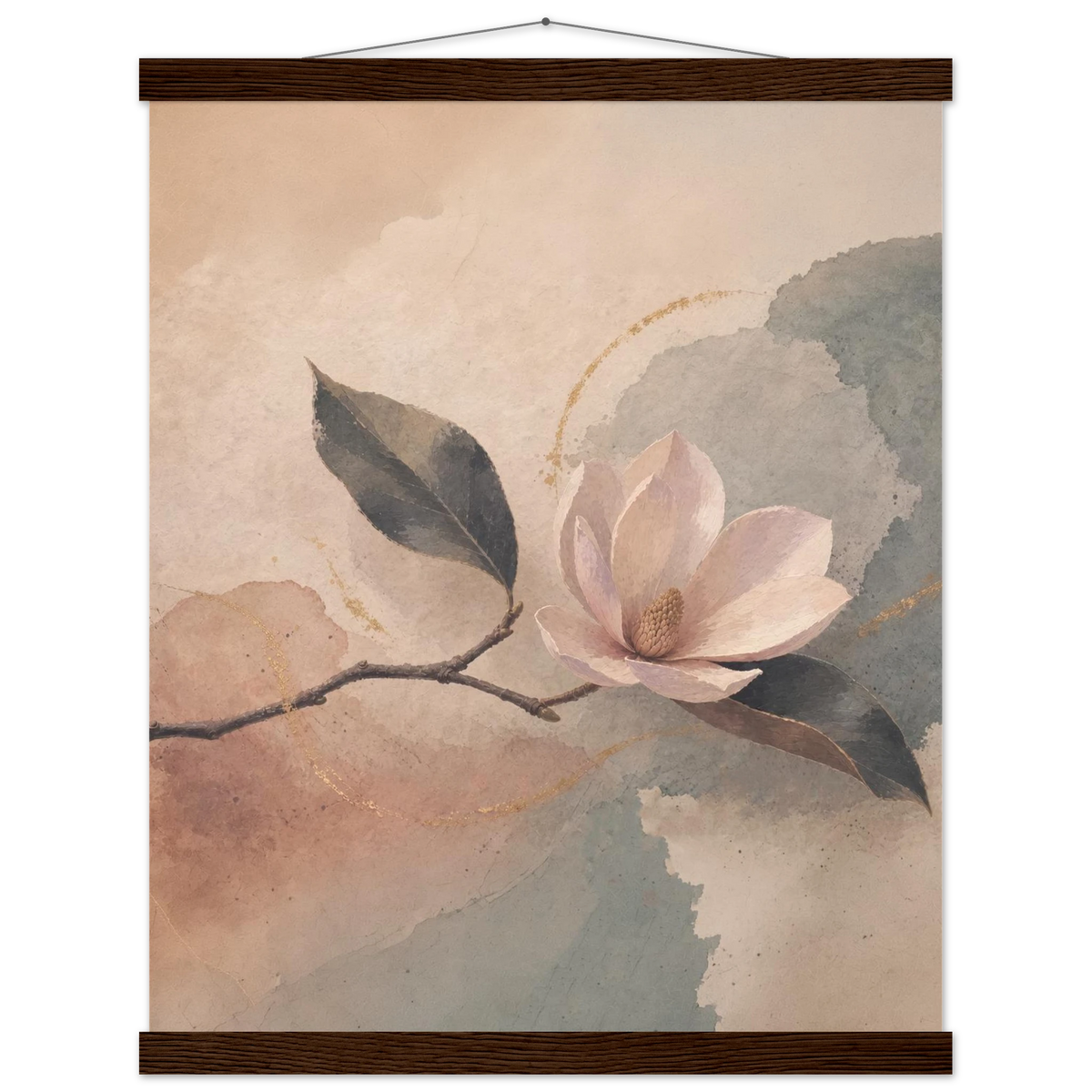 Magnolia Reverie: botanical, sage and japandi. Fine art poster with wooden hanger by The Light Stays.