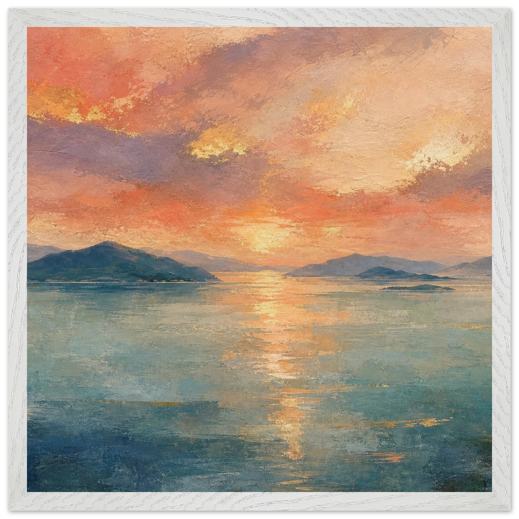 Setouchi Peach Dawn: riviera and japandi. Framed fine art print by The Light Stays.