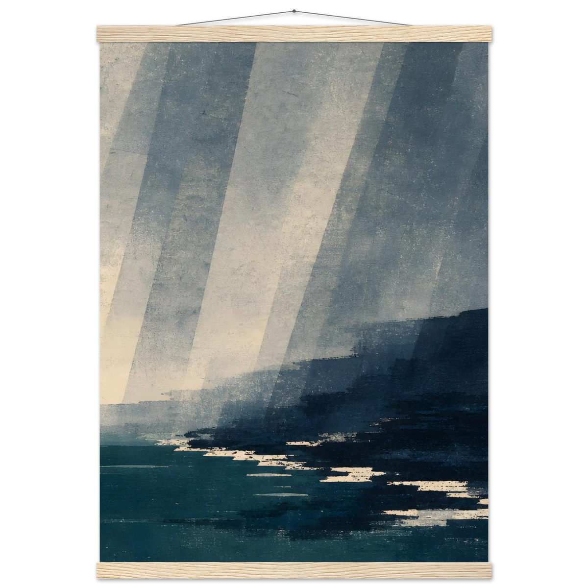 Rain Coast: japandi, teal blue and atmosphere. Fine art poster with wooden hanger by The Light Stays.