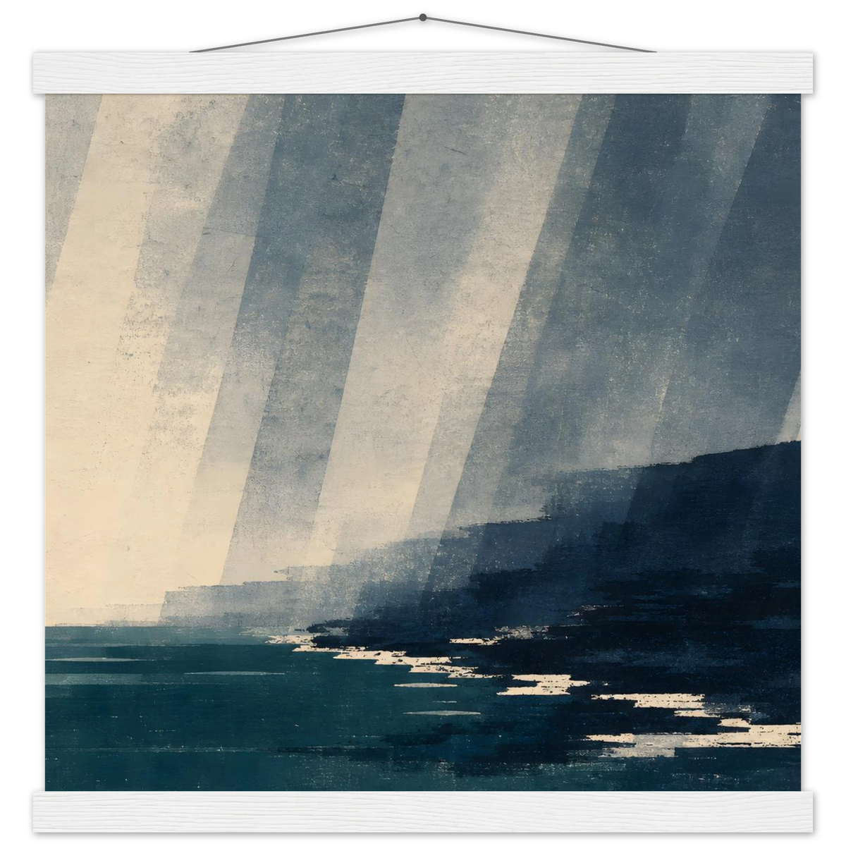 Rain Coast: japandi, teal blue and atmosphere. Fine art poster with wooden hanger by The Light Stays.