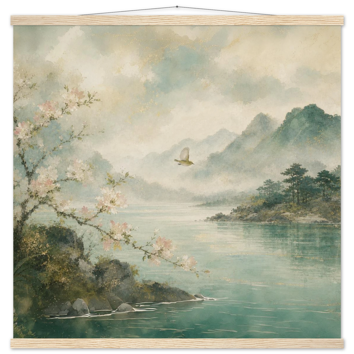 Celadon Flight: birds, japanese landscape and japandi. Fine art poster with wooden hanger by The Light Stays.