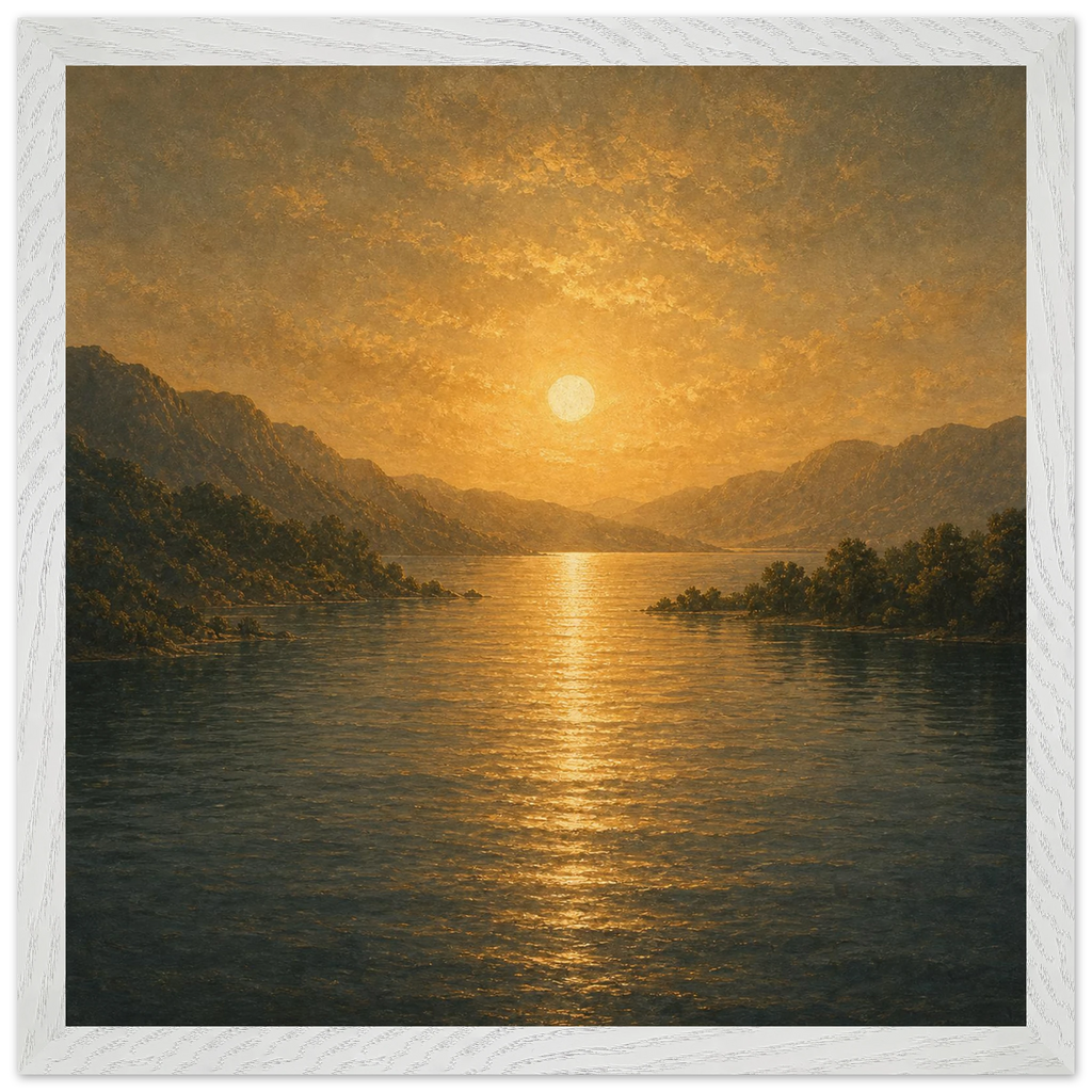 Quadro emoldurado Reflexo Dourado, lago e montanhas sob luz dourada