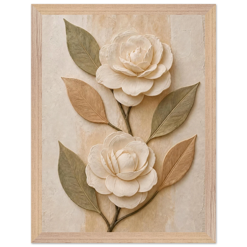 Carved Camellia: flowers and botanical. Framed fine art print, alternate frame and size.