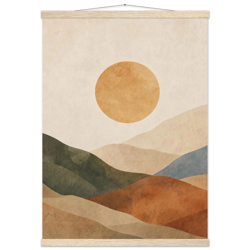 Pôster Clay Sun com suporte de madeira, sol quente sobre colinas em tons de terra