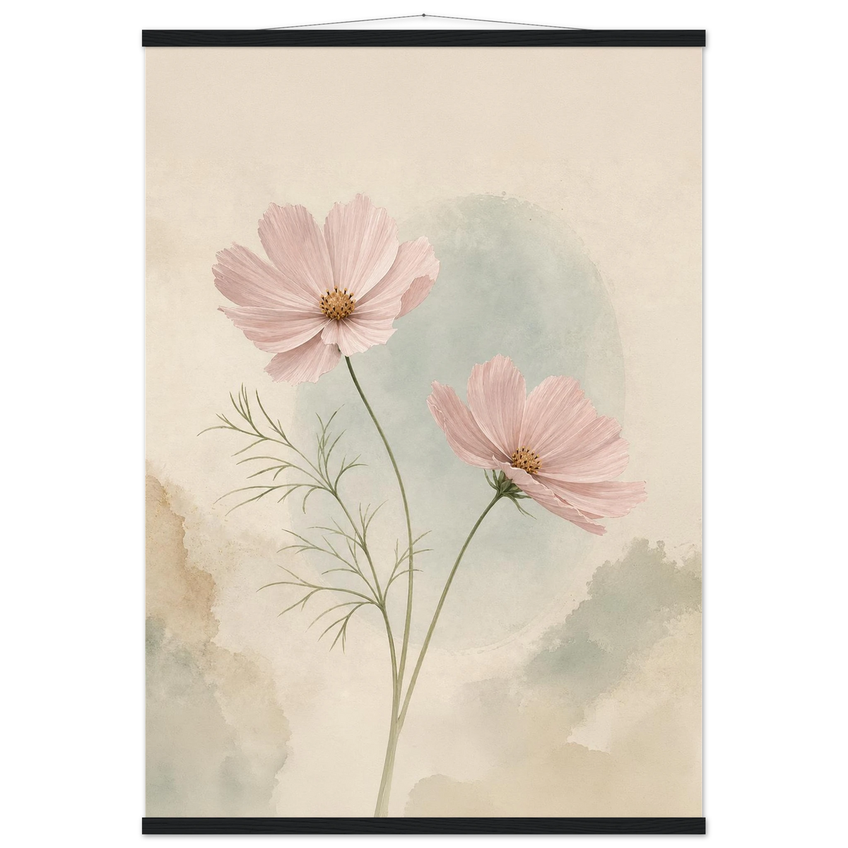 Cosmos Unison: flowers, blush and celadon. Fine art poster with wooden hanger by The Light Stays.