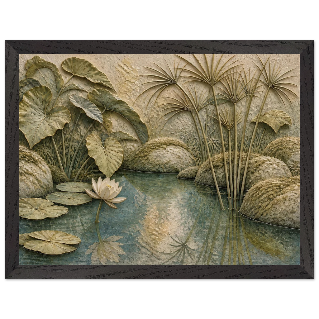 Papyrus Pond: lake, papyrus and serene greens. Framed fine art print.