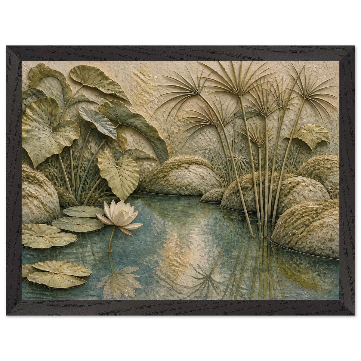 Papyrus Pond: lake, papyrus and serene greens. Framed fine art print.