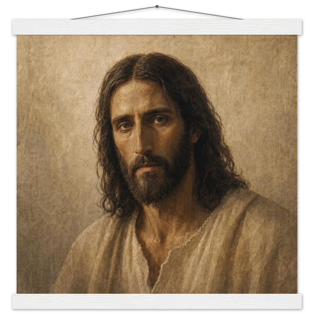 Pôster Kind Eyes com suporte de madeira, retrato sereno de Jesus em luz quente