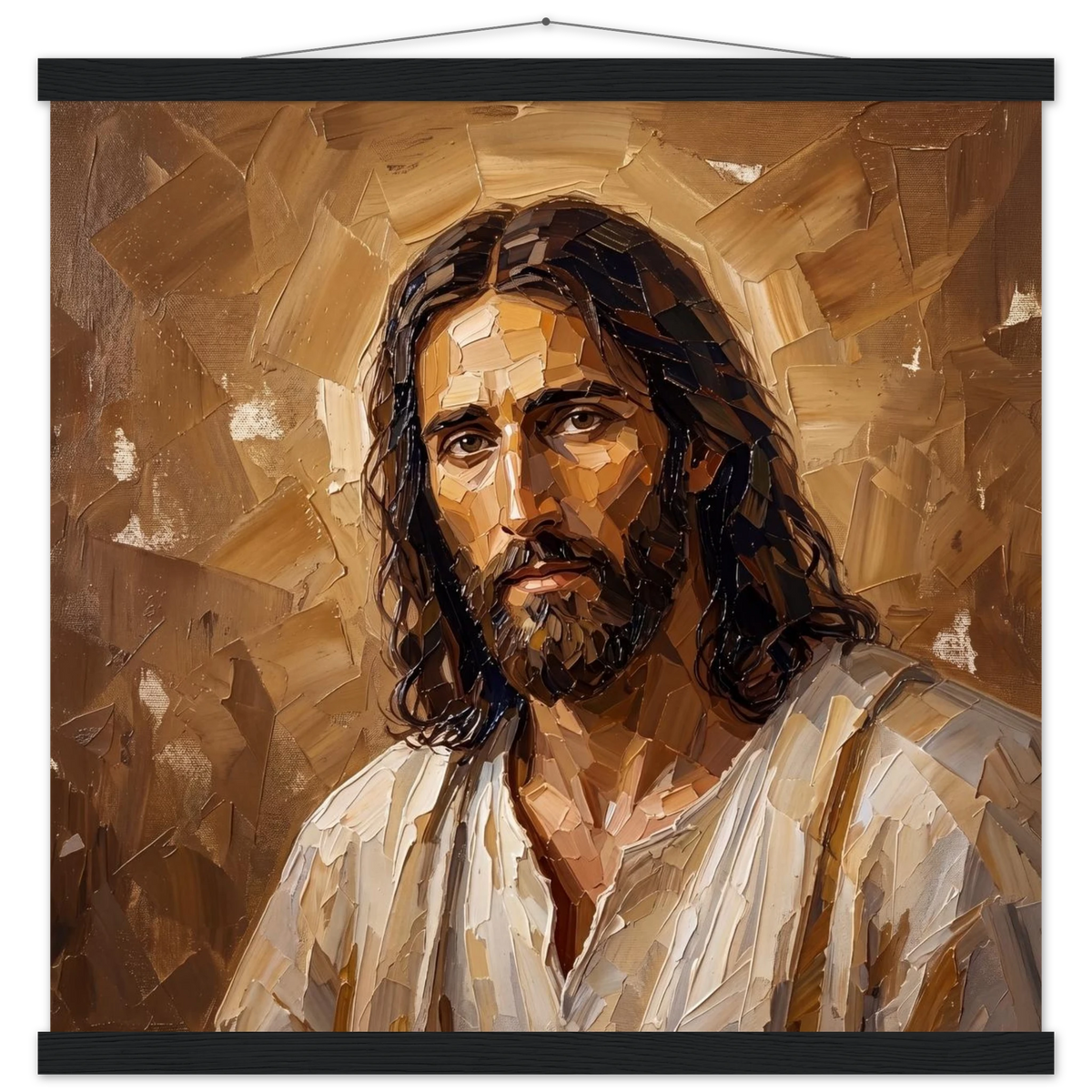 Kind Eyes: jesus, faith and serene gaze. Fine art poster with wooden hanger by The Light Stays.