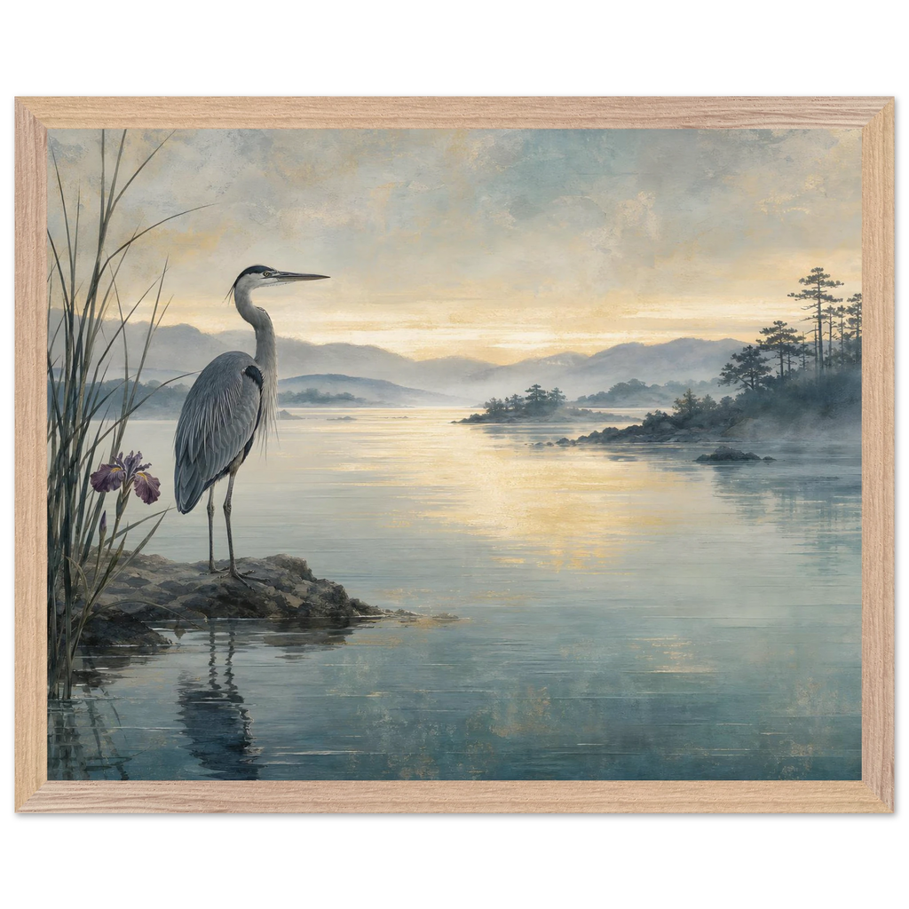Heron at Dawn: japanese art and japandi. Framed fine art print by The Light Stays.