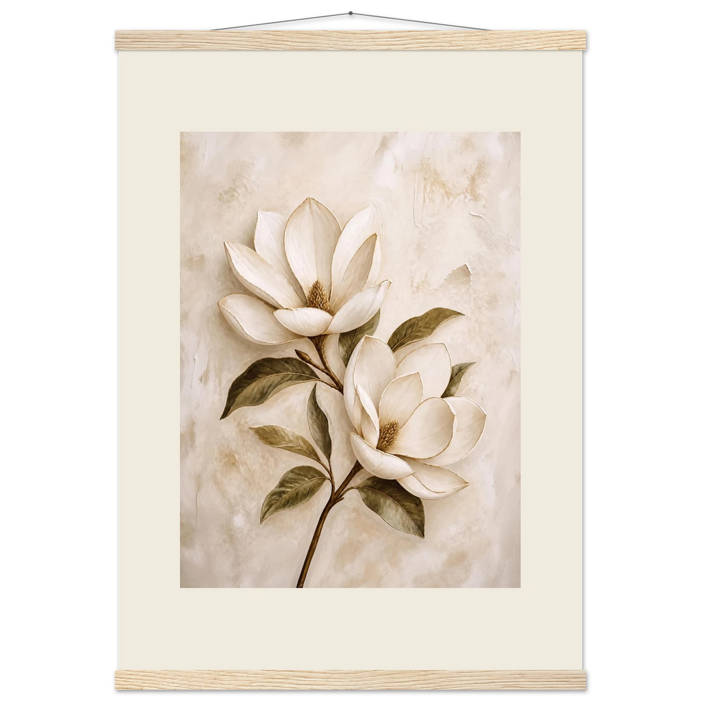 Gilded Magnolia, flowers and botanical. Archival fine art poster shown framed.