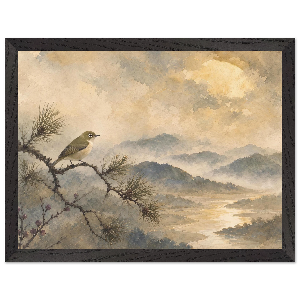 Golden Moon Bird: japanese art and japandi. Framed fine art print by The Light Stays.