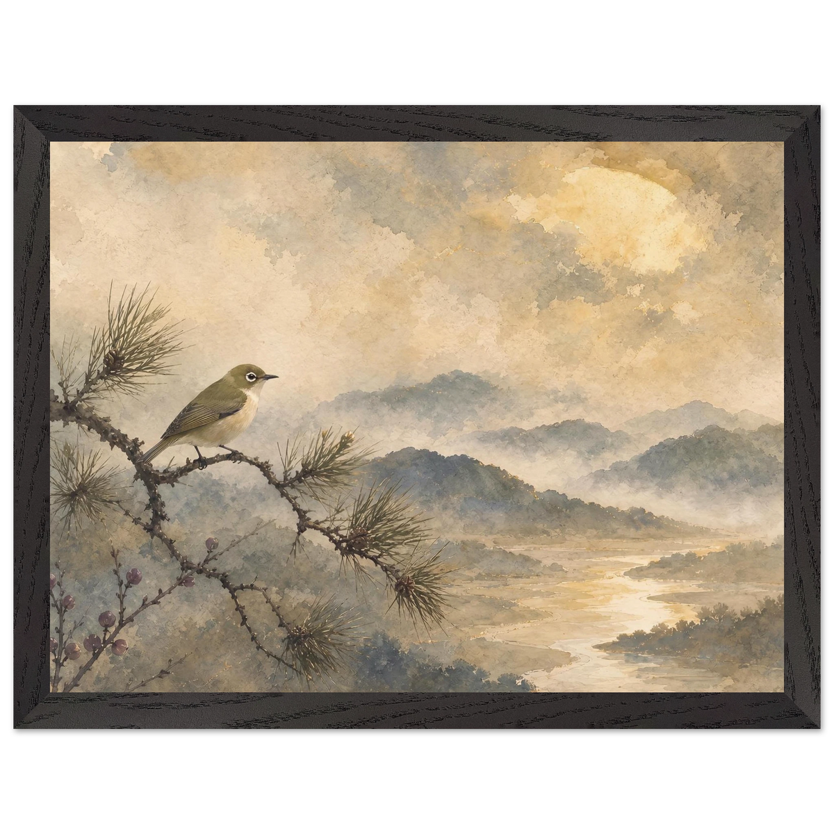 Golden Moon Bird: japanese art and japandi. Framed fine art print by The Light Stays.