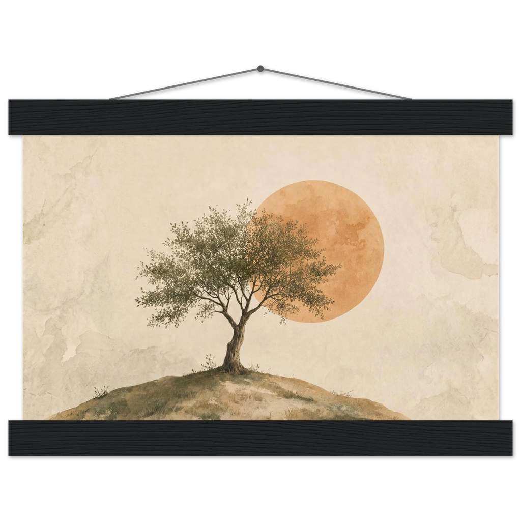 Pôster Olive Noon com suporte de madeira, oliveira diante de grande sol âmbar