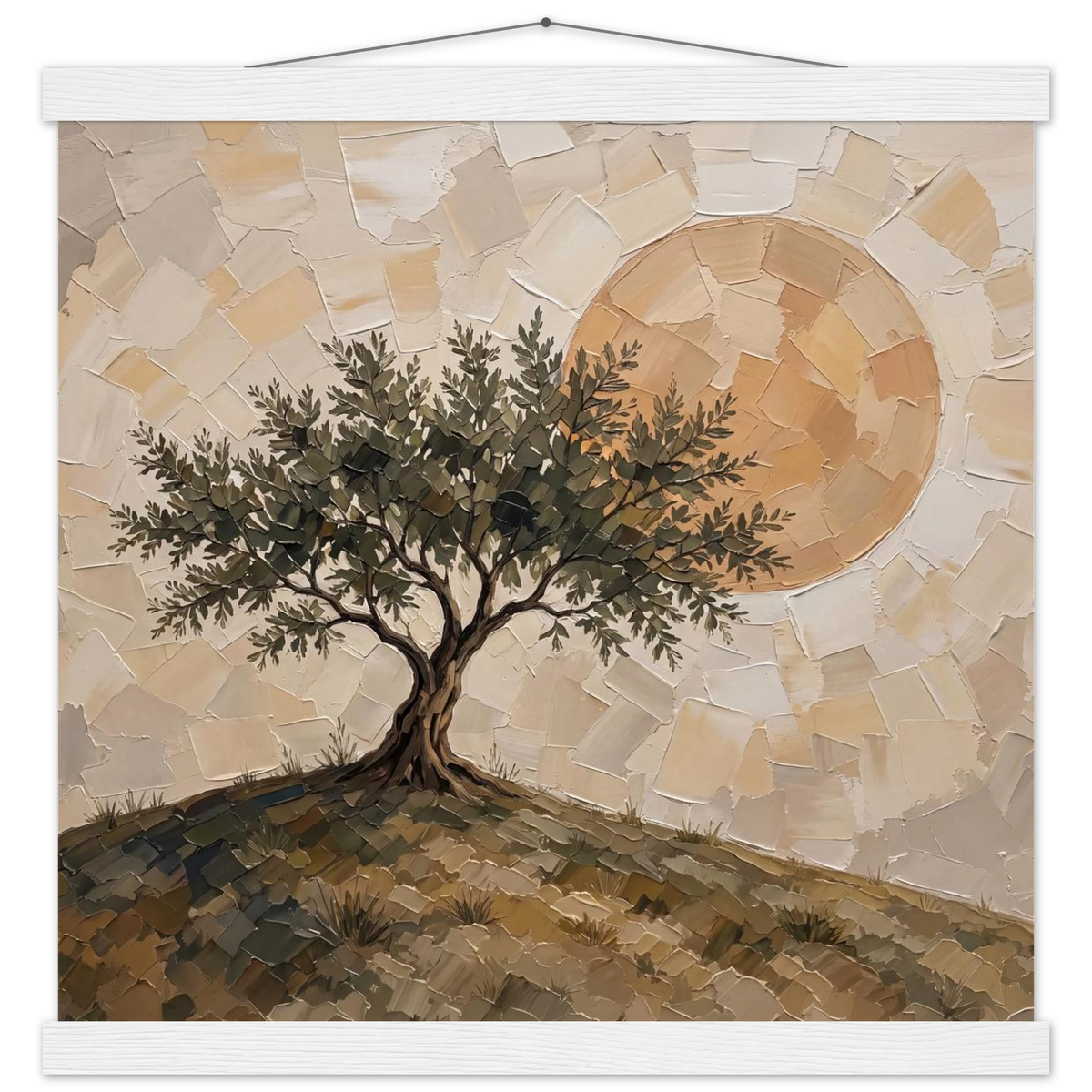 Olive Noon: hills, botanical and golden tones. Fine art poster with wooden hanger by The Light Stays.