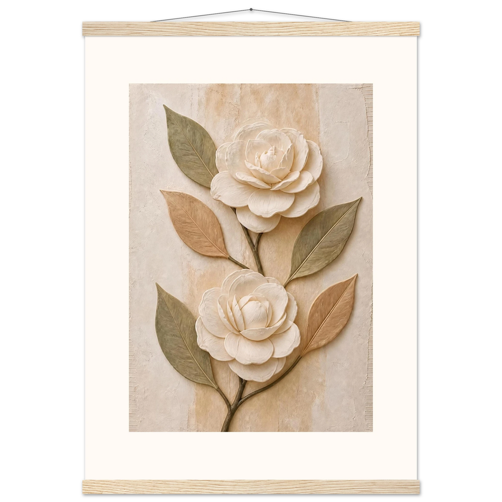 Carved Camellia, flowers and botanical. Archival fine art poster shown framed.