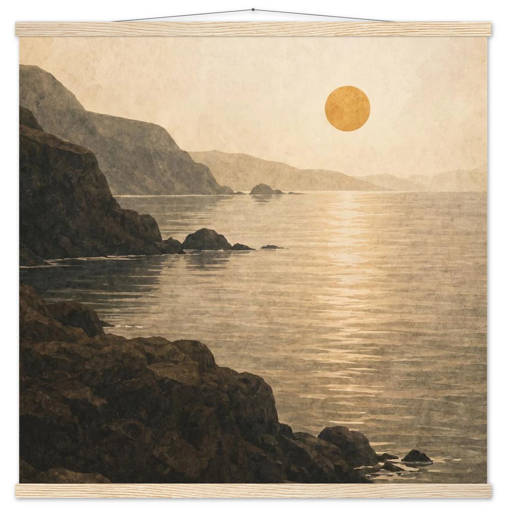 Pôster Amber Coast com suporte de madeira, pôr do sol em tons quentes sobre a costa