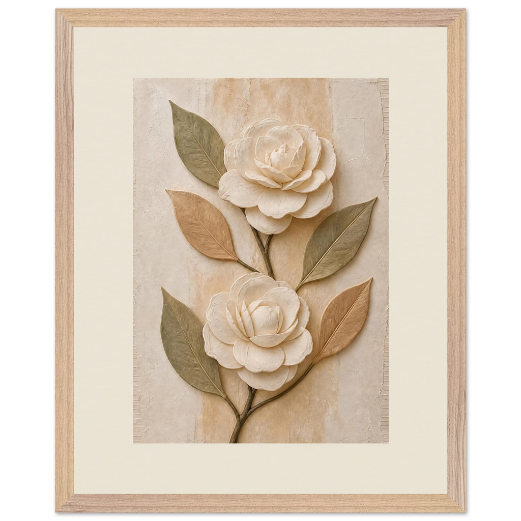 Carved Camellia: flowers and botanical. Museum-quality framed fine art print.