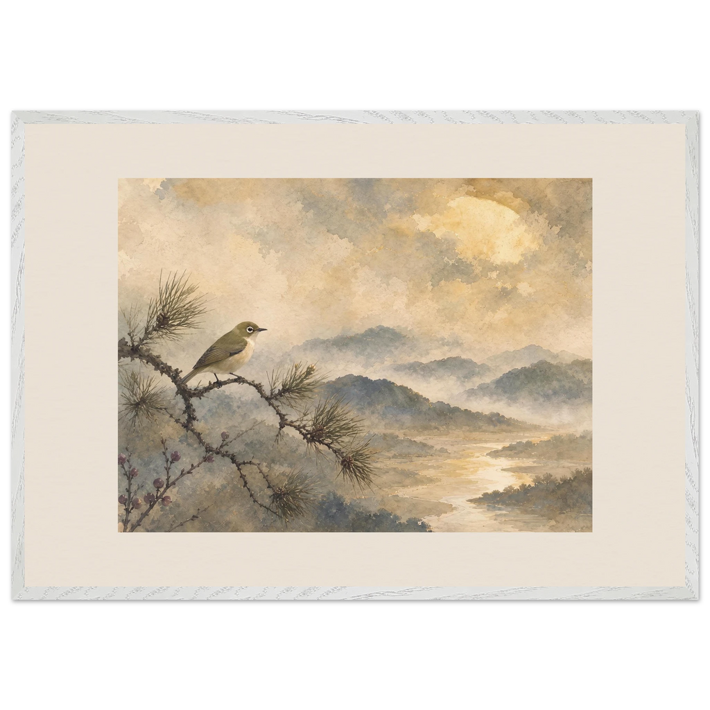 Golden Moon Bird: japanese art and japandi. Framed fine art print, alternate frame and size.
