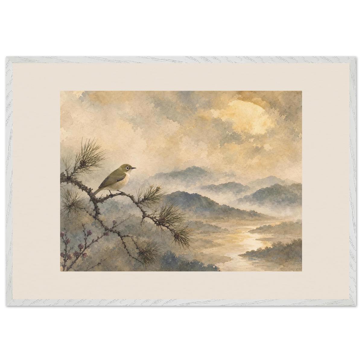 Golden Moon Bird: japanese art and japandi. Framed fine art print, alternate frame and size.