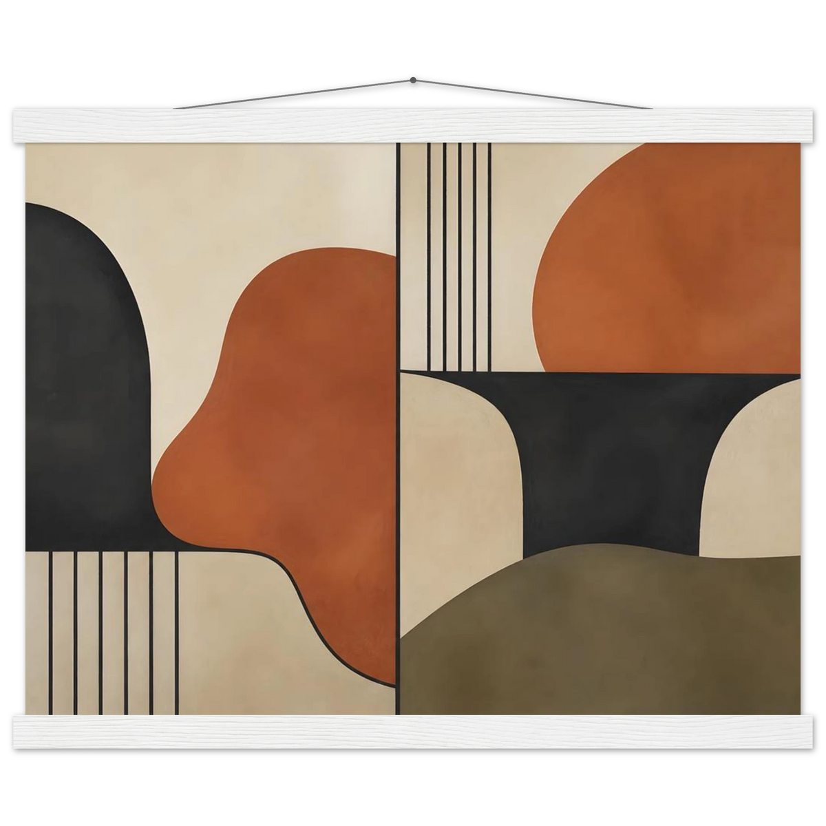 Compass and Clay, geometric abstract, clay and curves. Archival fine art poster shown framed.