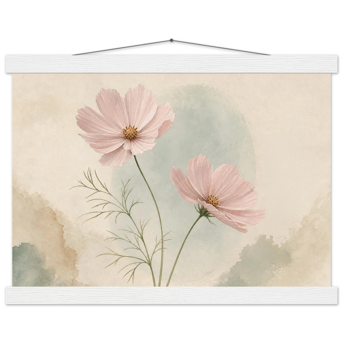 Cosmos Unison: flowers, blush and celadon. Fine art poster with wooden hanger by The Light Stays.
