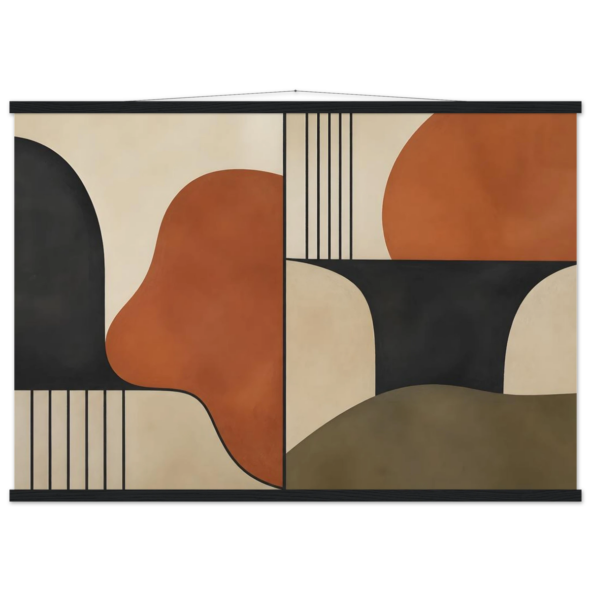 Compass and Clay, geometric abstract, clay and curves. Archival fine art poster shown framed.
