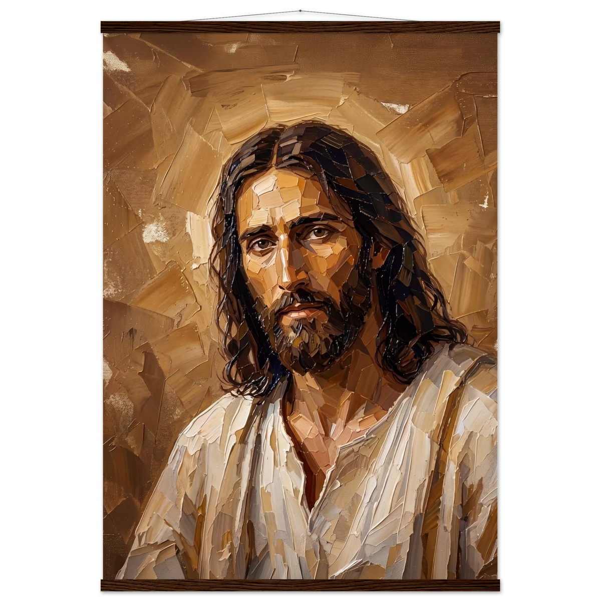 Kind Eyes: jesus, faith and serene gaze. Fine art poster with wooden hanger by The Light Stays.