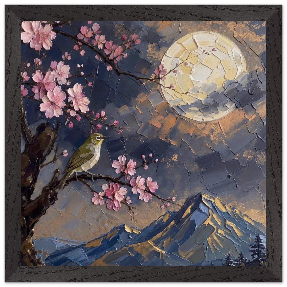 Blossom Moon: cherry blossom, japanese landscape and night. Framed fine art print by The Light Stays.
