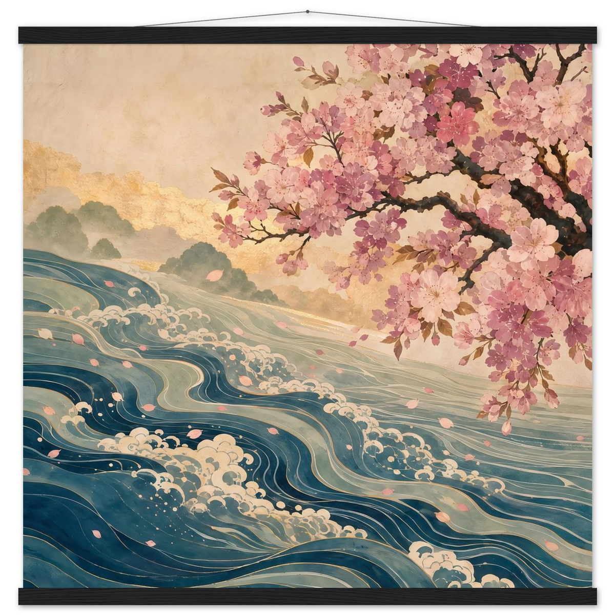 Blossom Tide: japanese art, cherry blossom and wave. Fine art poster with wooden hanger by The Light Stays.