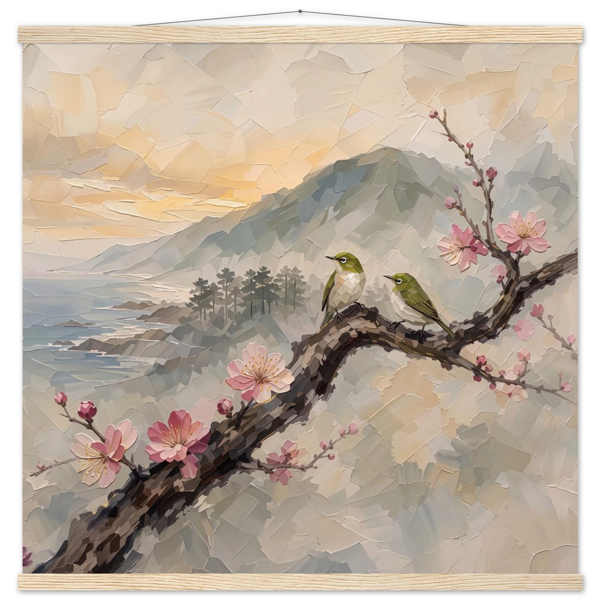 Plum Branch Pair: birds, japanese landscape and japandi. Fine art poster with wooden hanger by The Light Stays.