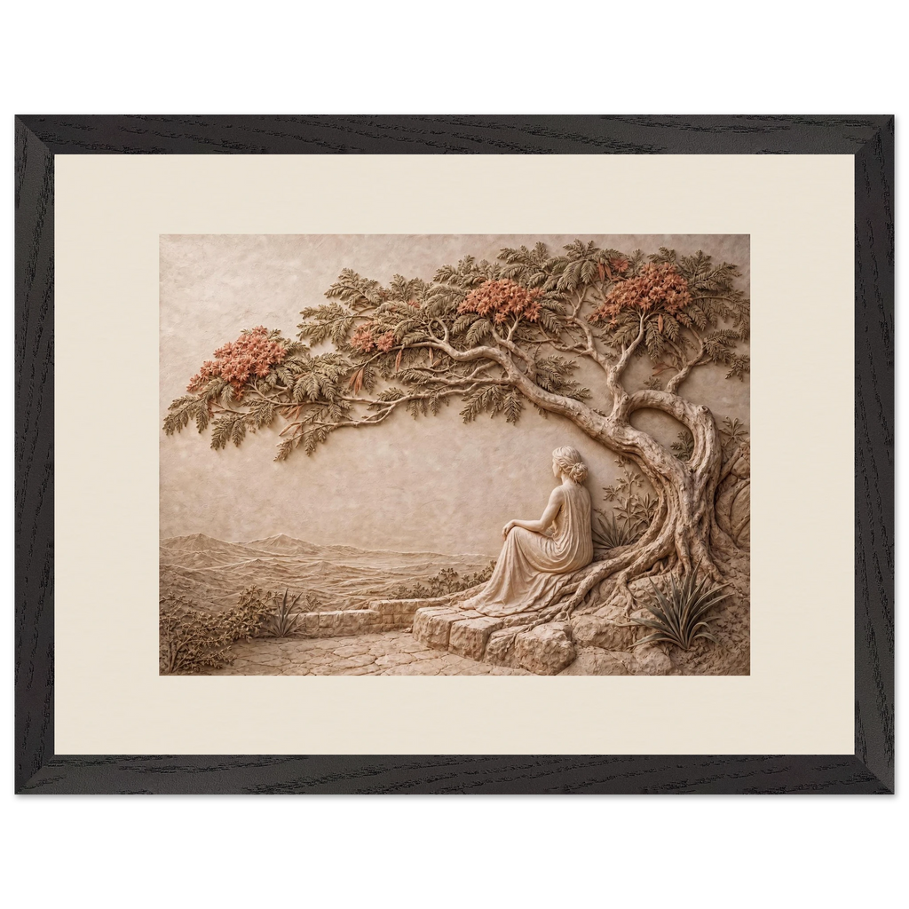 Under the Blossoms: impasto, figure and blossoming canopy. Framed fine art print.