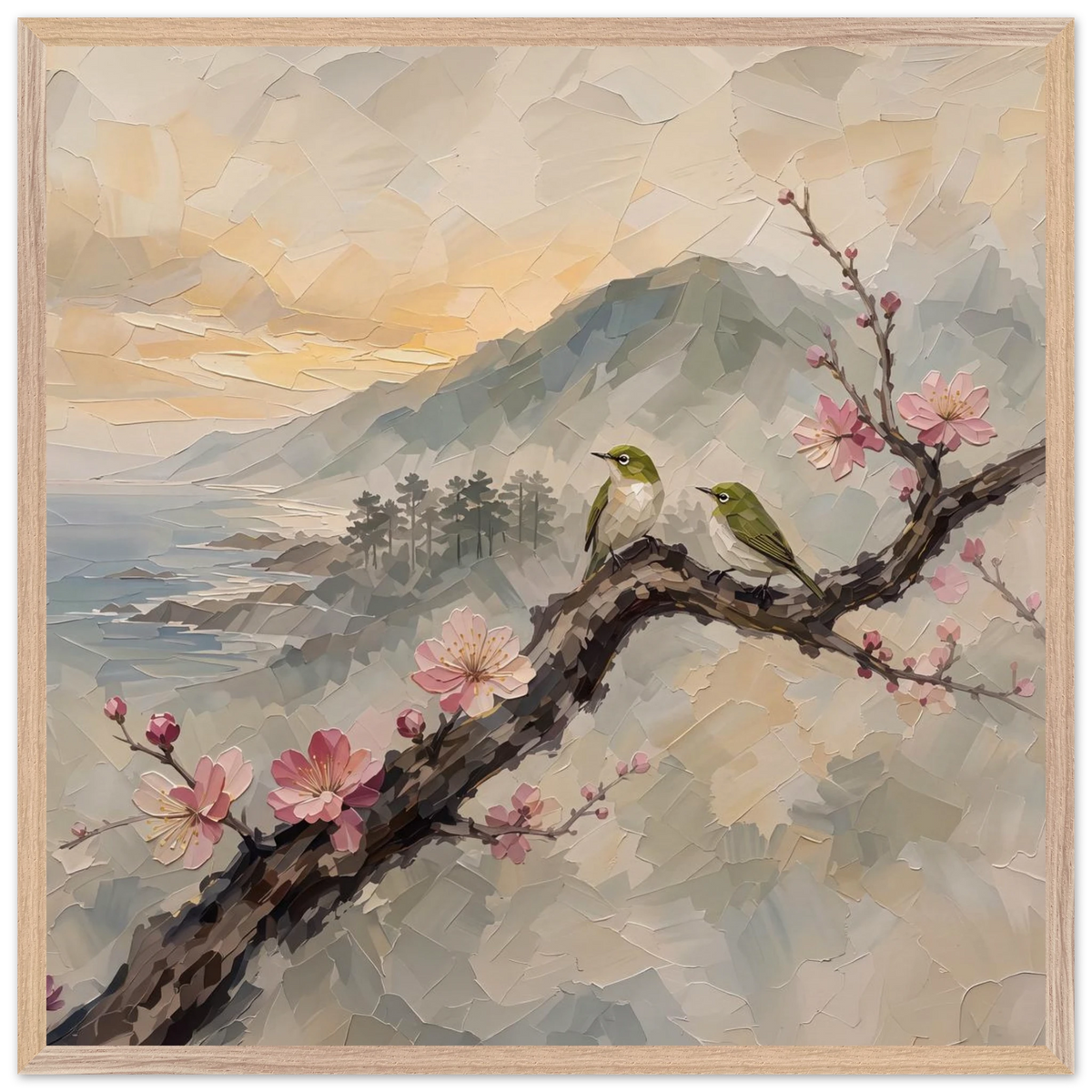 Plum Branch Pair: birds, japanese landscape and japandi. Framed fine art print by The Light Stays.