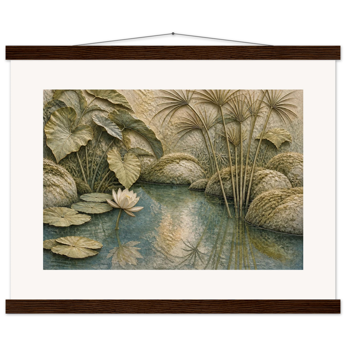 Papyrus Pond, lake, papyrus and serene greens. Archival fine art poster shown framed.