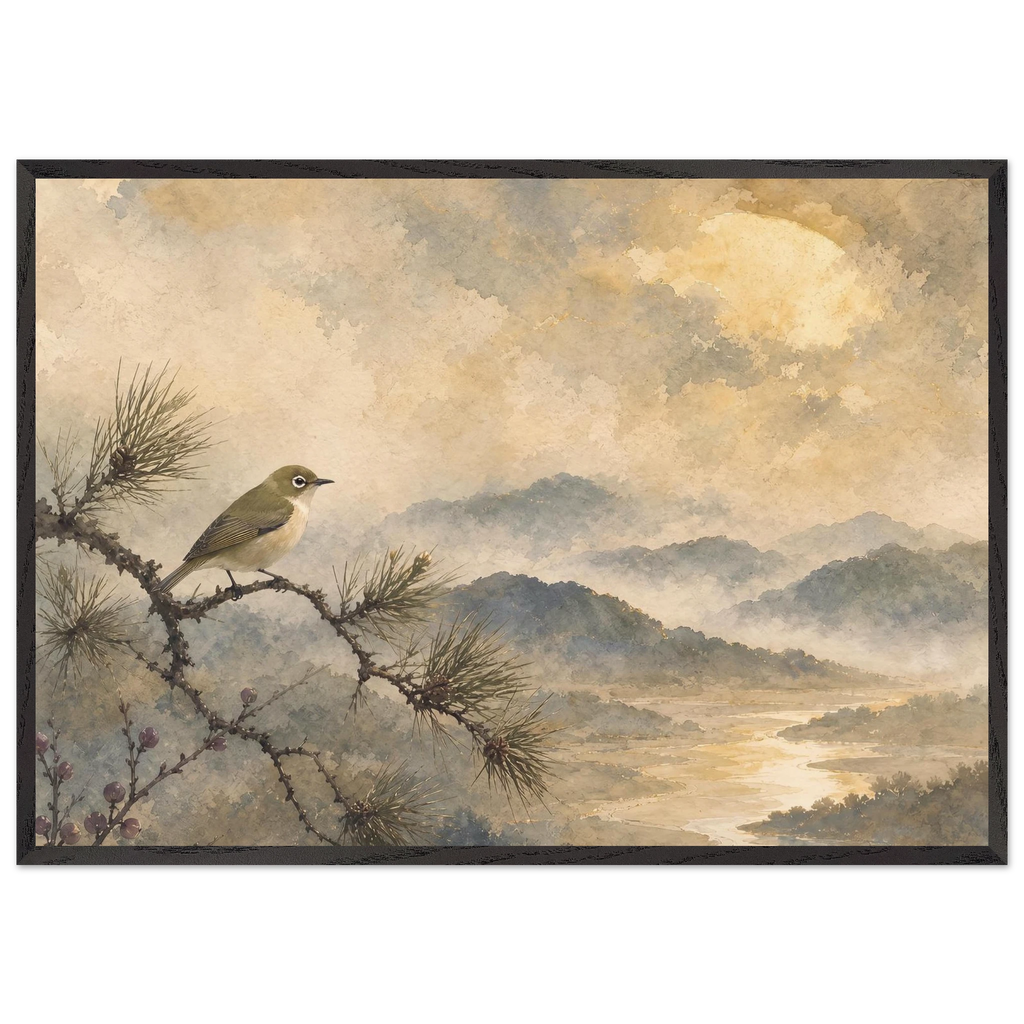 Golden Moon Bird: japanese art and japandi. Framed fine art print, alternate frame and size.