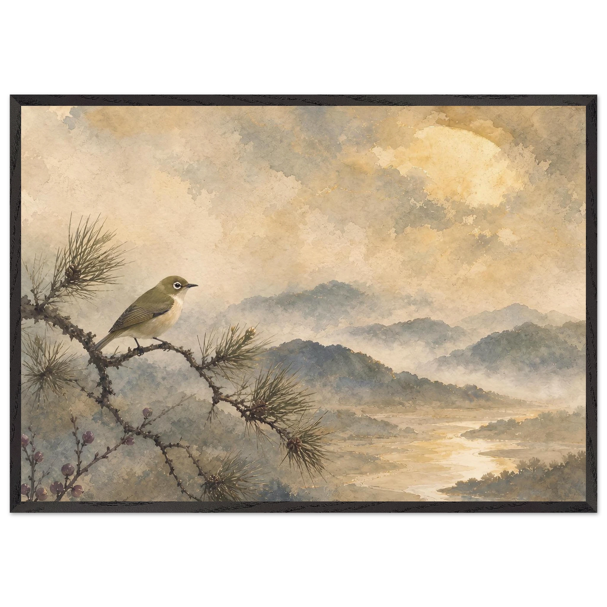 Golden Moon Bird: japanese art and japandi. Framed fine art print, alternate frame and size.