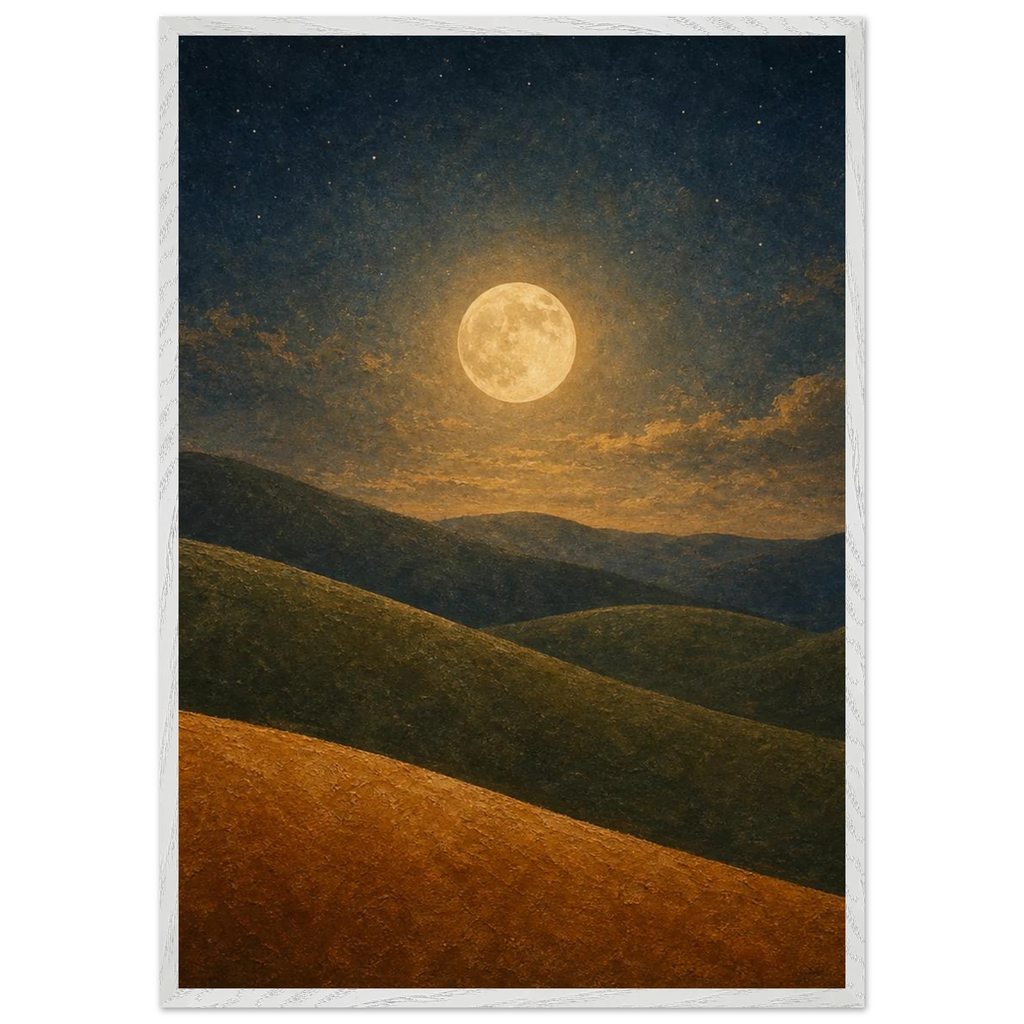 Quadro emoldurado Colinas da Lua, lua cheia sobre colinas em oliva e argila