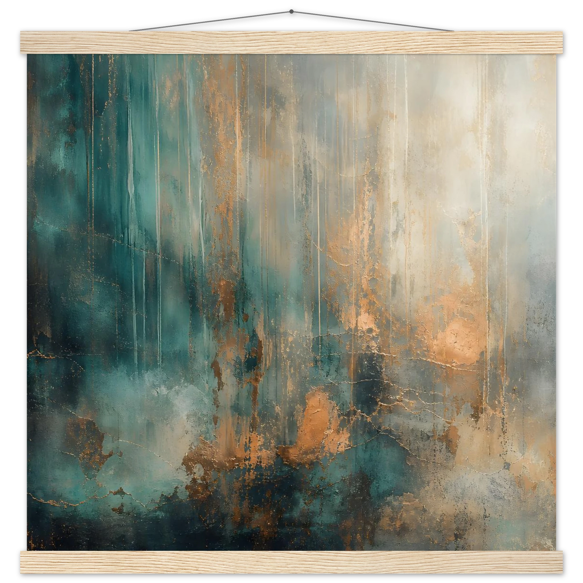 Copper Rain: abstract, texture and metallic tones. Fine art poster with wooden hanger by The Light Stays.