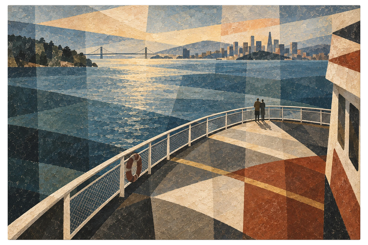 Two figures on a curving waterfront promenade above a wide bay, suspension bridge and city skyline in the distance, shown as the object on gallery canvas, no frame